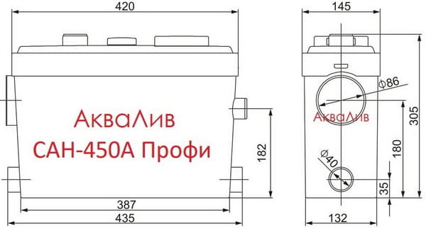 Габаритные размеры канализационной установки АкваЛив САН-450А Профи с кнопкой